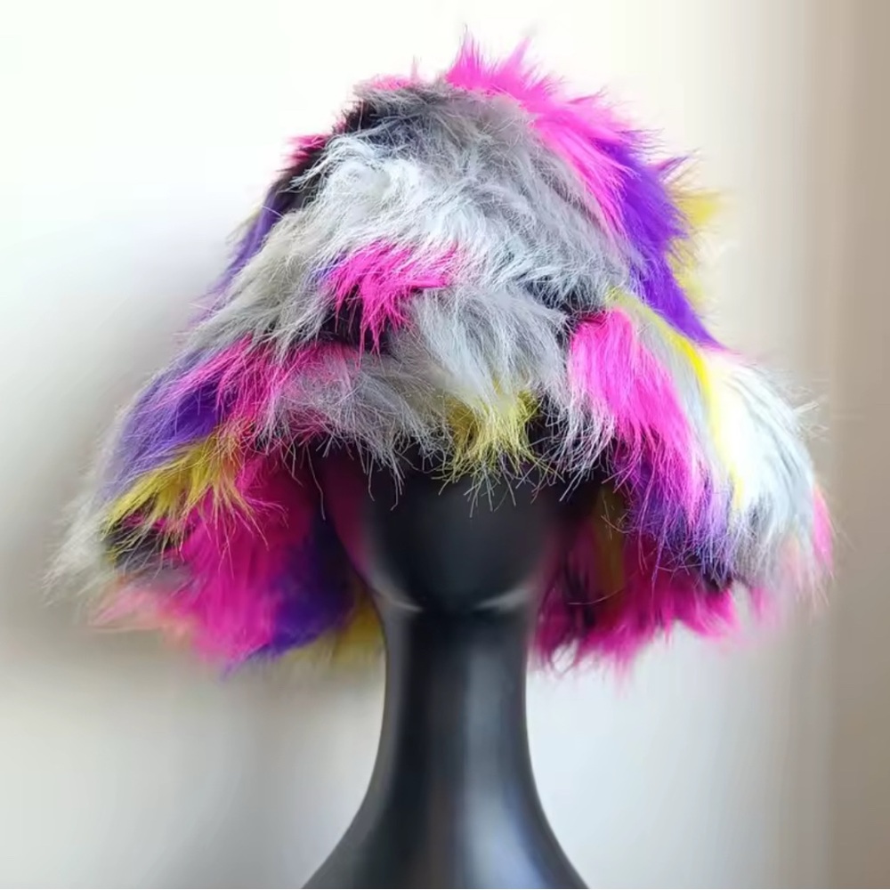 Cover Photo Rainbow Animal Print Faux Fur Costume Y2K Rave Fuzzy Bucket Hat